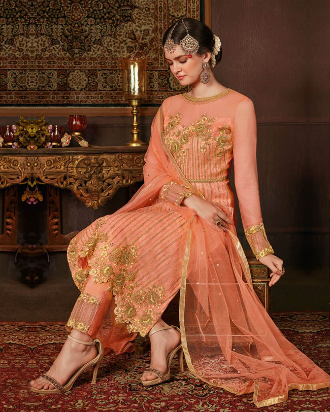 Chanderi Silk Cotton Unstitched Suit Set - Saffron Orange - KCS Kashmir  Shawl Emporium